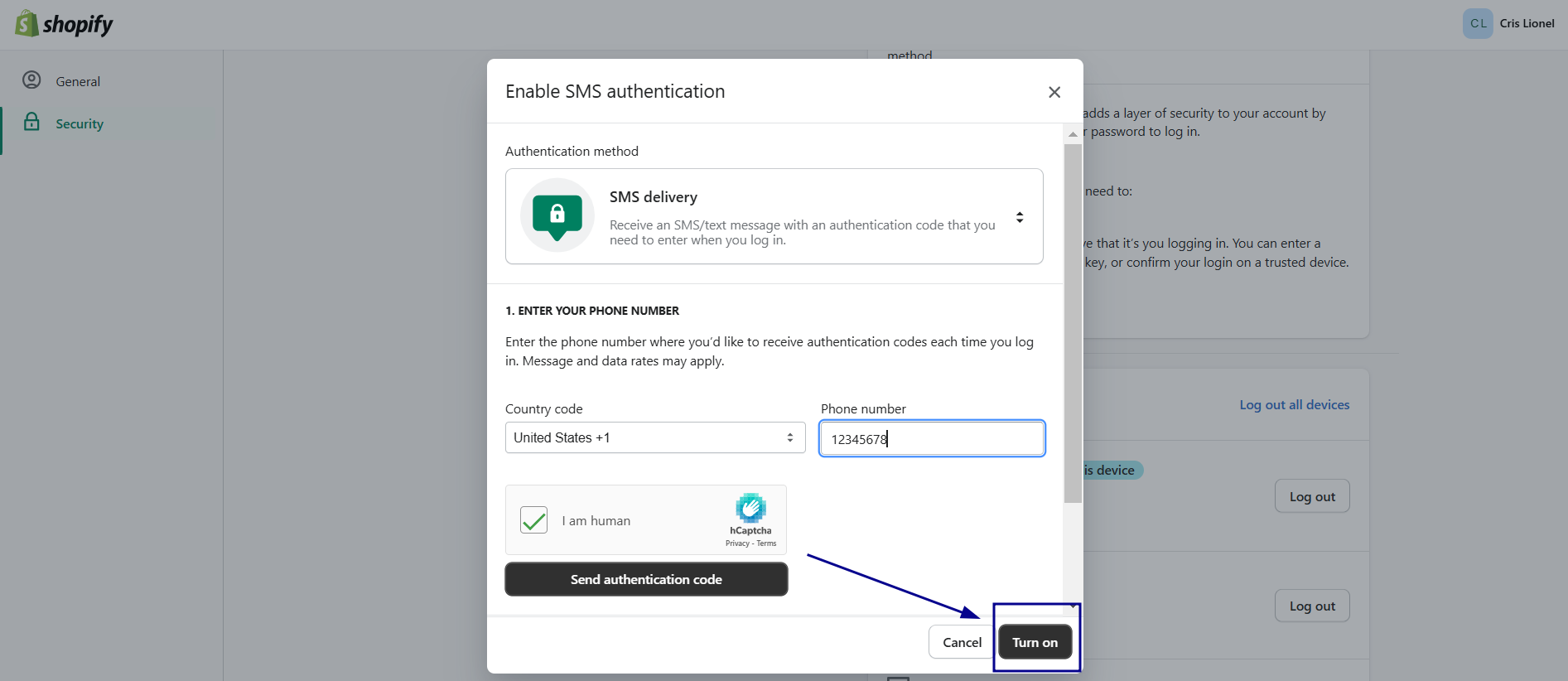 click “Turn On” to complete the SMS-based two-step authentication setup